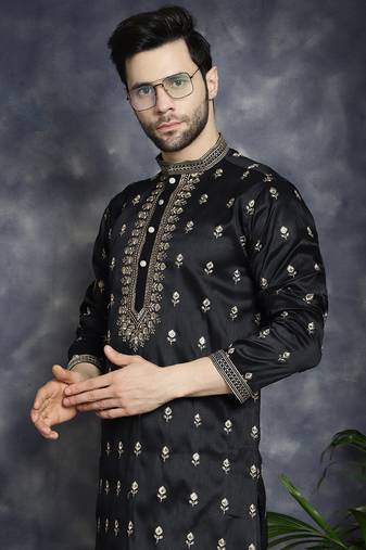 Men black embroidered cotton silk kurta pajama
