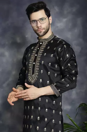 Men black embroidered cotton silk kurta pajama