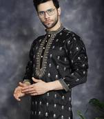 Men black embroidered cotton silk kurta pajama