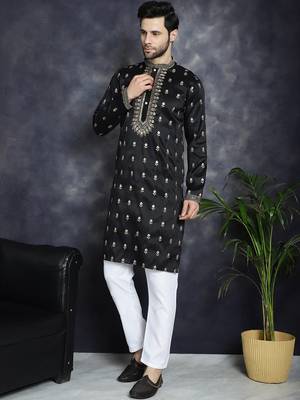 Men black embroidered cotton silk kurta pajama 2