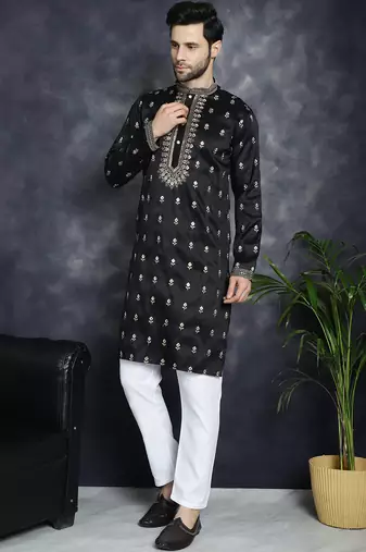 Men black embroidered cotton silk kurta pajama