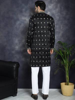 Men black embroidered cotton silk kurta pajama 4