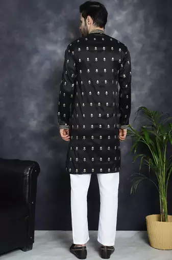 Men black embroidered cotton silk kurta pajama