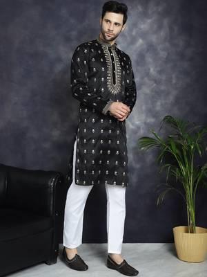 Men black embroidered cotton silk kurta pajama 5