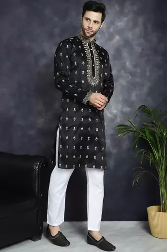 Men black embroidered cotton silk kurta pajama