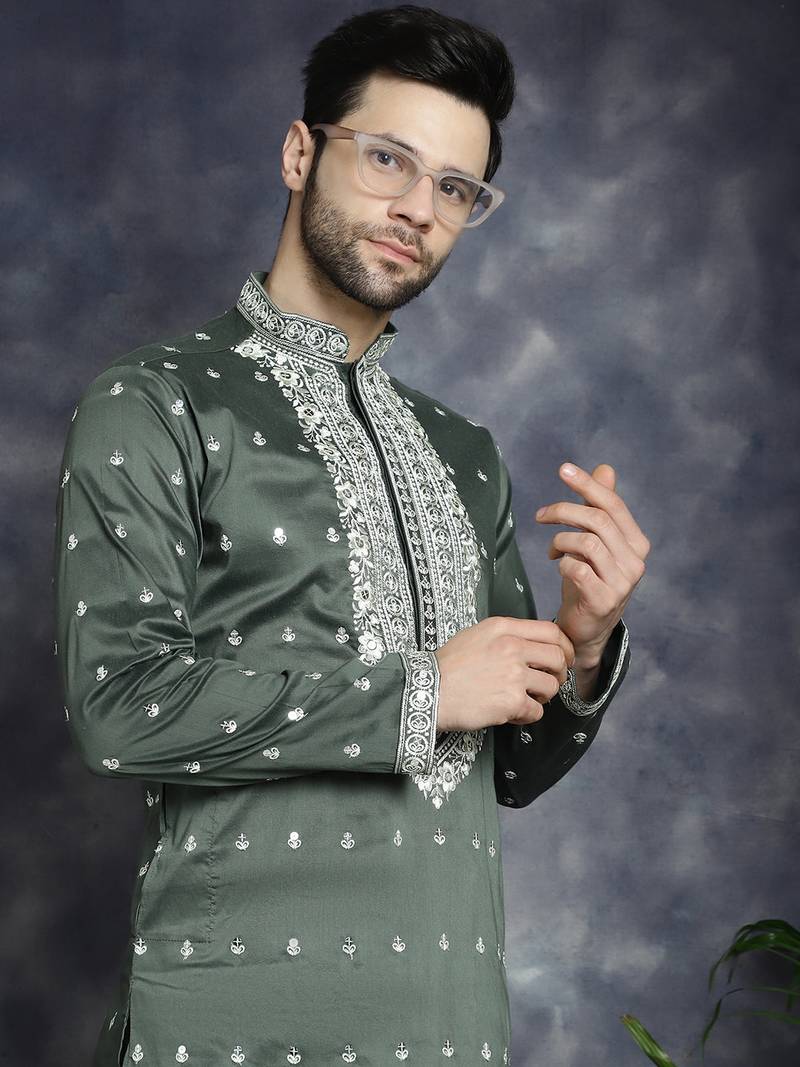 Men green embroidered cotton silk kurta pajama