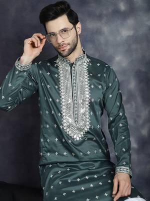 Men green embroidered cotton silk kurta pajama 1