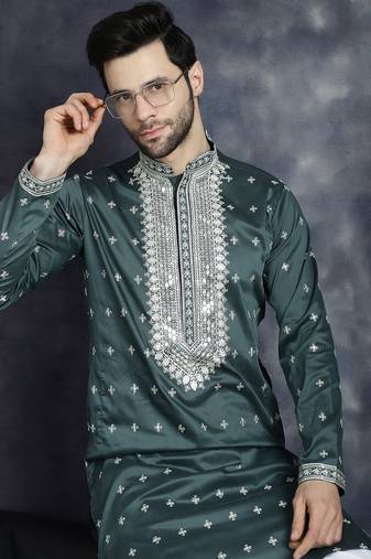 Men green embroidered cotton silk kurta pajama