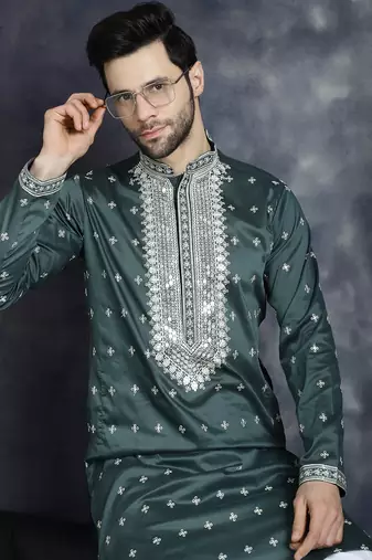 Men green embroidered cotton silk kurta pajama