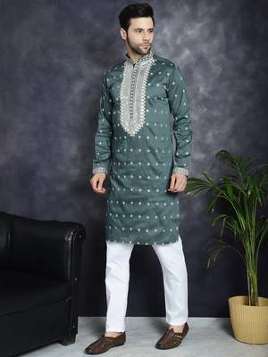 Men green embroidered cotton silk kurta pajama 2