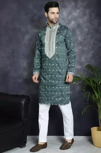 Men green embroidered cotton silk kurta pajama