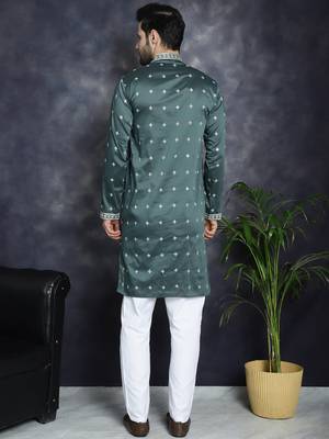 Men green embroidered cotton silk kurta pajama 4