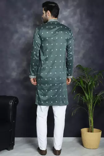 Men green embroidered cotton silk kurta pajama
