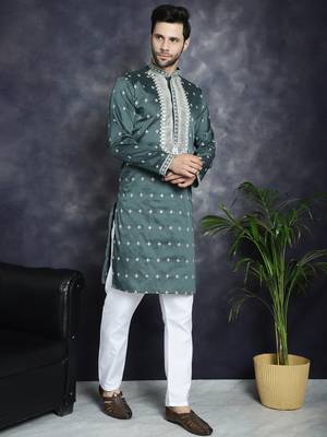 Men green embroidered cotton silk kurta pajama 5