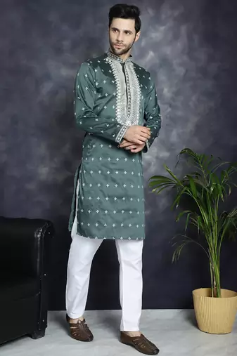 Men green embroidered cotton silk kurta pajama