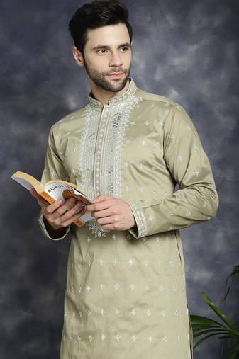 Men beige embroidered cotton silk kurta pajama