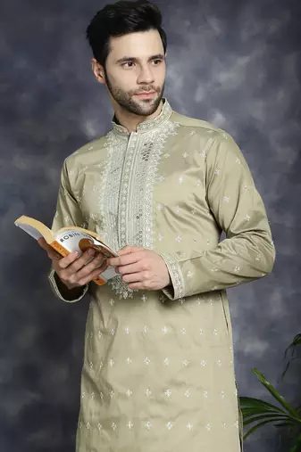 Men beige embroidered cotton silk kurta pajama