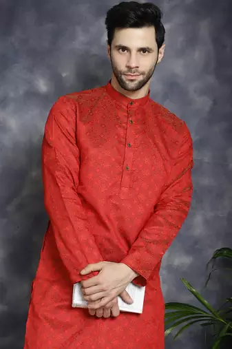 Men red woven silk blend kurta pajama