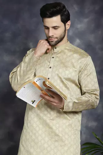 Men beige woven silk blend kurta pajama
