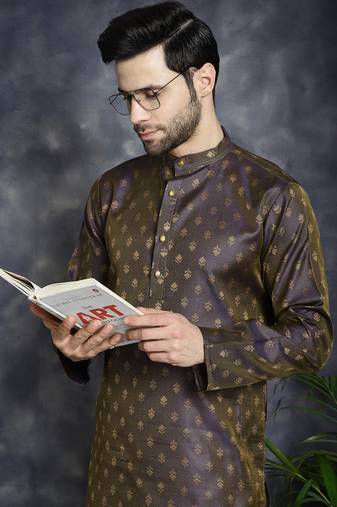 Men purple woven silk blend kurta pajama