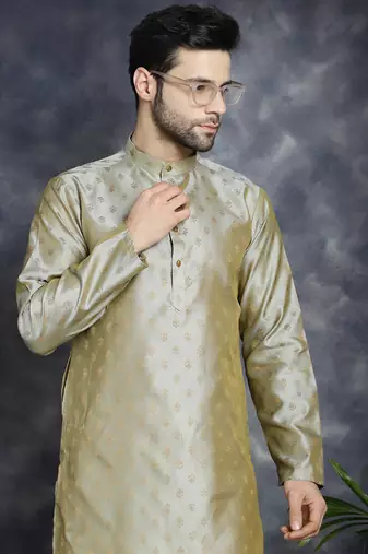 Men green woven silk blend kurta pajama