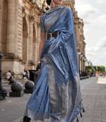 Blue Faux Banarasi Style Silk Blend Designer Border And Pallu Saree With Blouse For Women