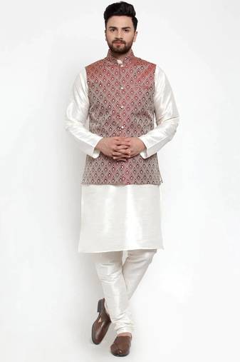 Men maroon woven dupion silk kurta jacket set