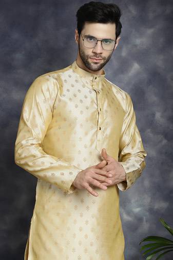 Men gold woven silk blend kurta pajama