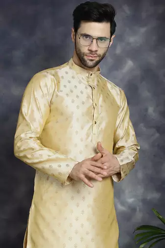 Men gold woven silk blend kurta pajama