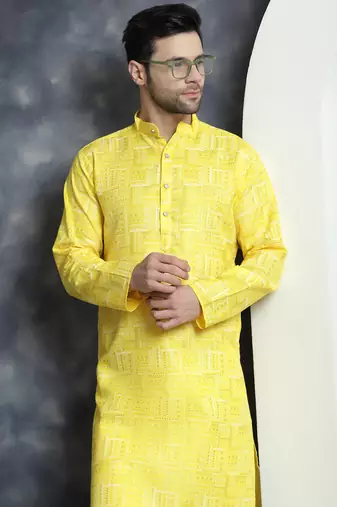 Men yellow printed viscose rayon kurta pajama