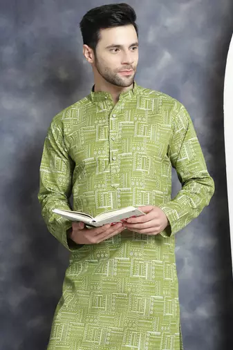 Men green printed viscose rayon kurta pajama