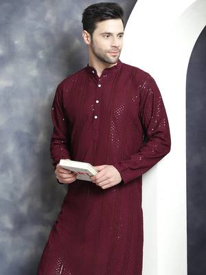 Men purple embroidered viscose rayon kurta pajama 1