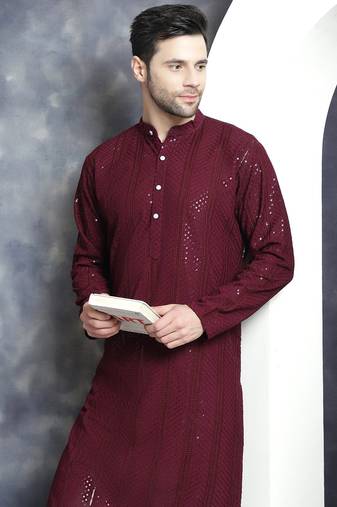 Men purple embroidered viscose rayon kurta pajama