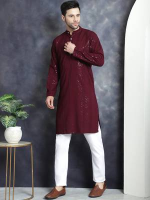 Men purple embroidered viscose rayon kurta pajama 2