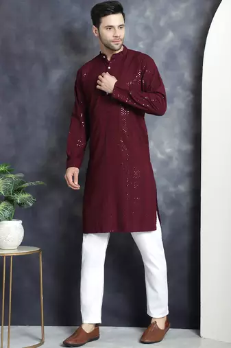 Men purple embroidered viscose rayon kurta pajama