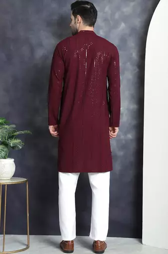 Men purple embroidered viscose rayon kurta pajama