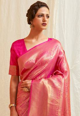 Rani Pink Art Silk Designer Border And Pallu With Blouuse And Saree For Women 2