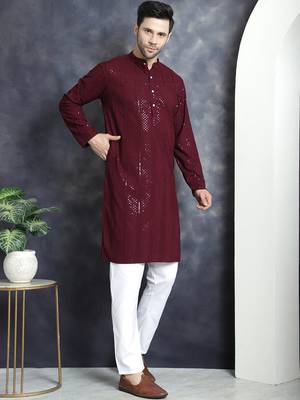 Men purple embroidered viscose rayon kurta pajama 5