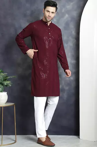 Men purple embroidered viscose rayon kurta pajama