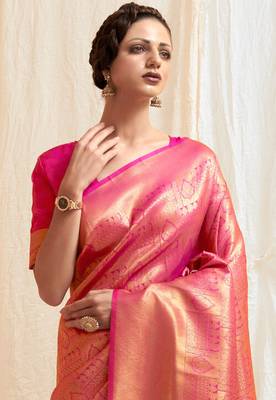 Rani Pink Art Silk Designer Border And Pallu With Blouuse And Saree For Women 4