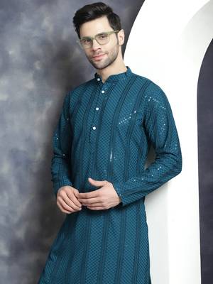Men blue embroidered viscose rayon kurta pajama 1