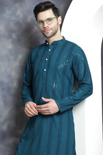 Men blue embroidered viscose rayon kurta pajama