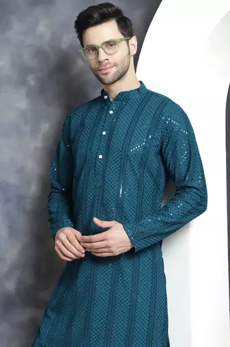 Men blue embroidered viscose rayon kurta pajama