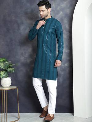 Men blue embroidered viscose rayon kurta pajama 2
