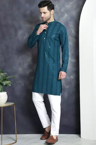 Men blue embroidered viscose rayon kurta pajama