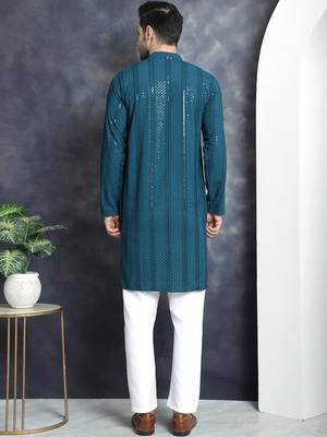 Men blue embroidered viscose rayon kurta pajama 4