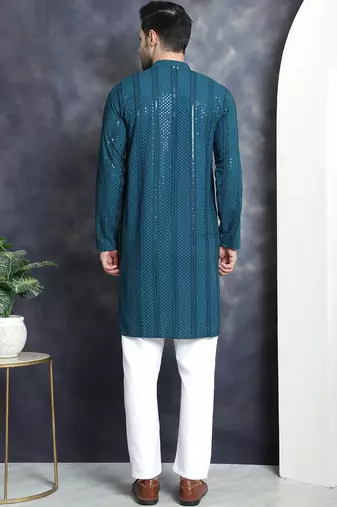 Men blue embroidered viscose rayon kurta pajama