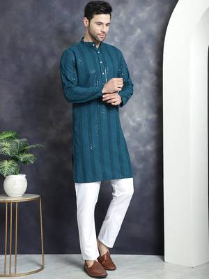 Men blue embroidered viscose rayon kurta pajama 5