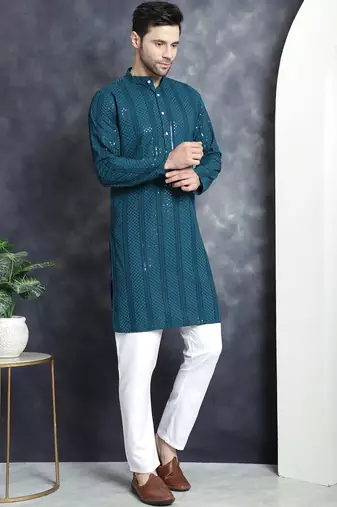 Men blue embroidered viscose rayon kurta pajama