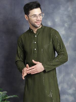 Men green embroidered viscose rayon kurta pajama 1